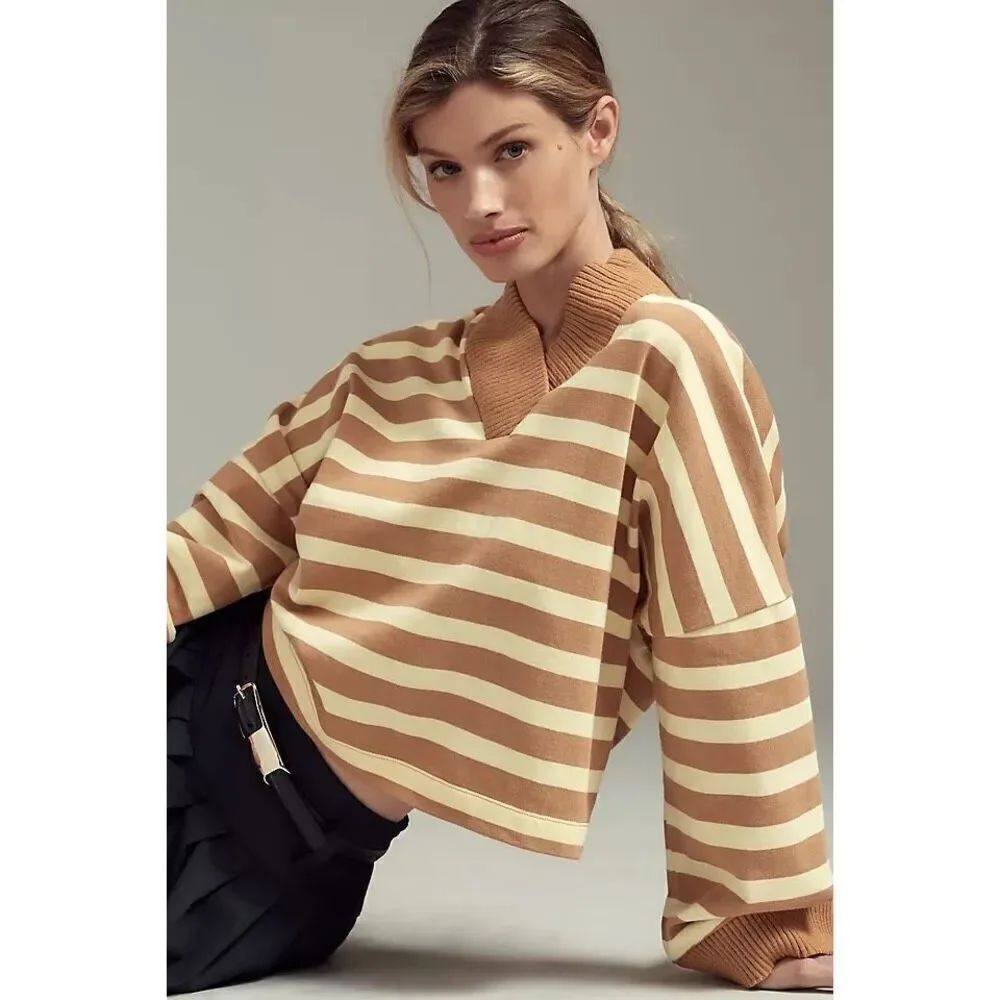 Anthropologie Maeve Women’s Yellow Tan Stripe Cotton Boxy Oversized V-Neck Top